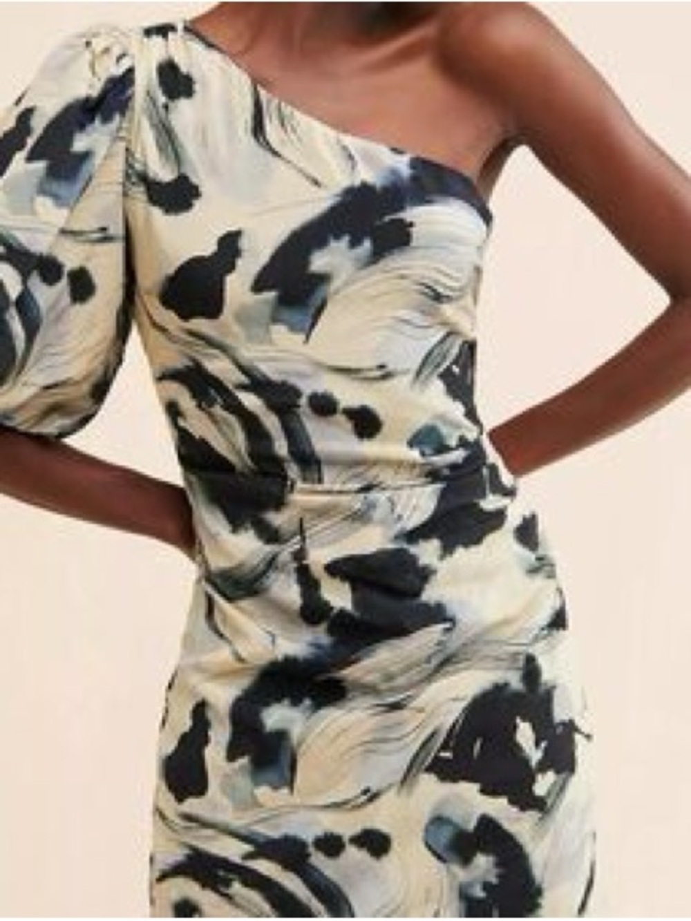 Anthropologie One-Shoulder Abstract Print Dress in Cream and Black